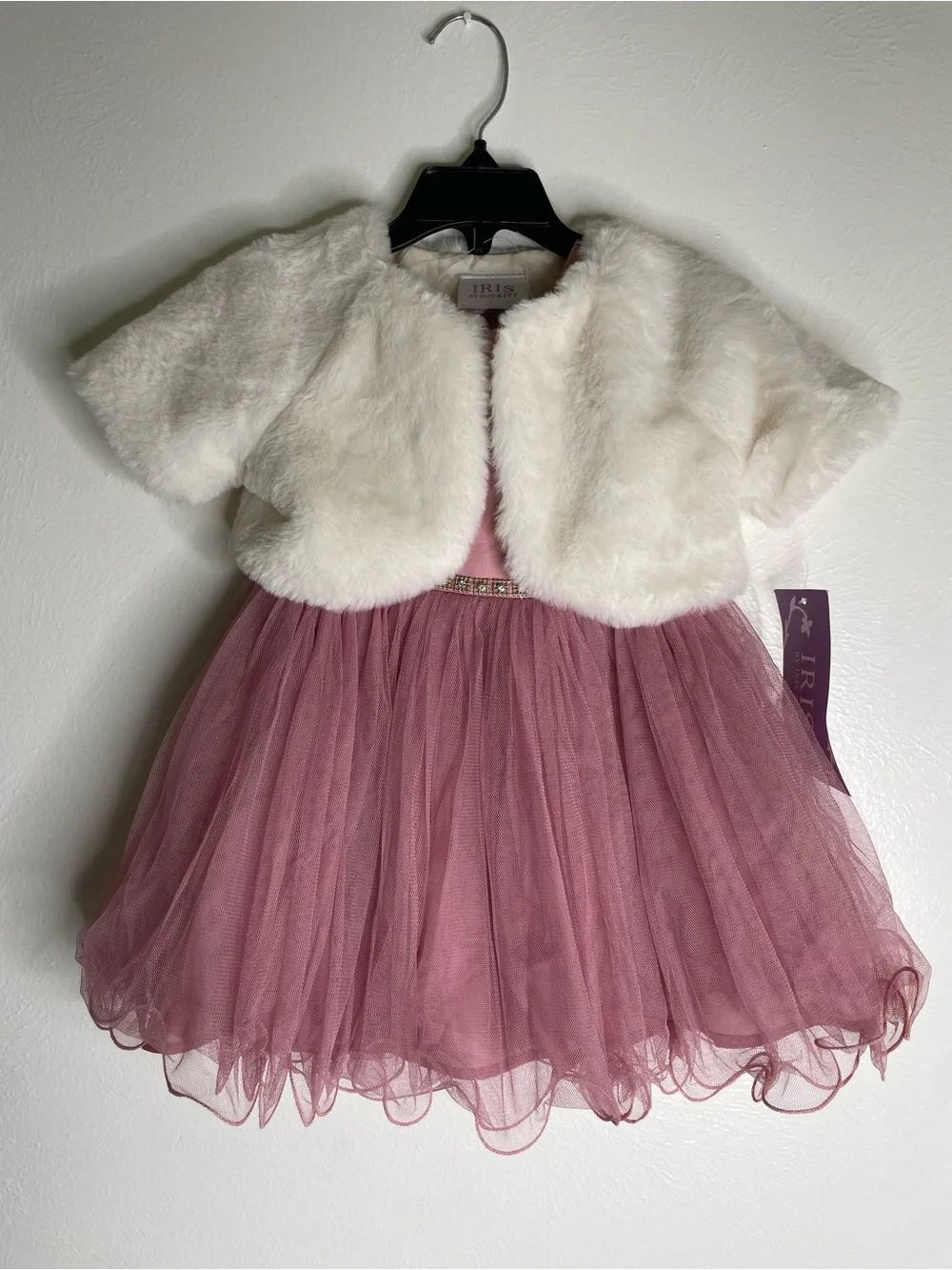 iris & ivy Dusty Rose Tulle Dress with Cream Faux Fur Bolero